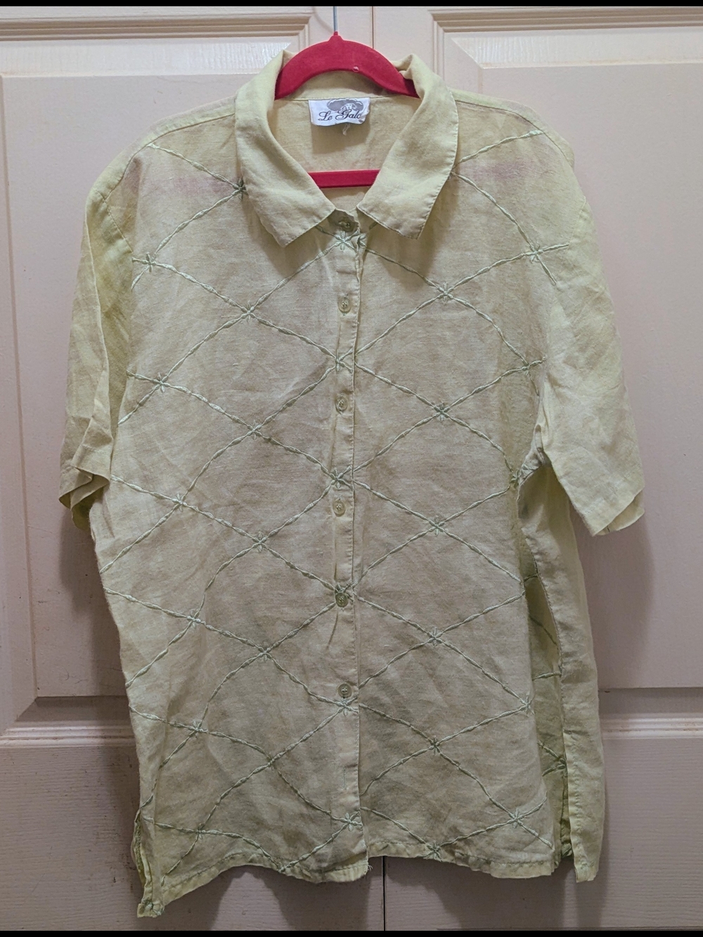 Vtg Women's Le Gala Linen Button Up Blouse  Pintucking Embroidered Italy Sz M